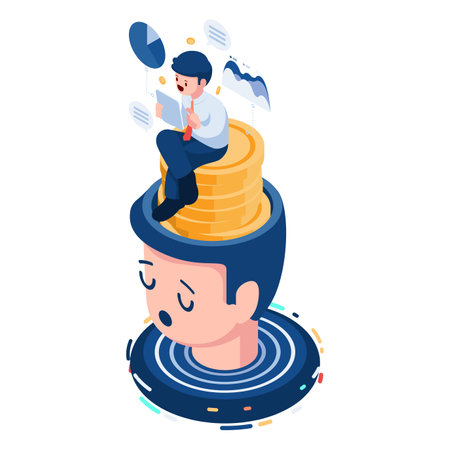Flat 3d Isometric Businessman Sitting on Money Inside Head. Personal Finance Management and Financial Literacy concept.のイラスト素材