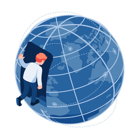 Flat 3d Isometric Businessman Walking into The World. Global business and World Economic Concept.のイラスト素材