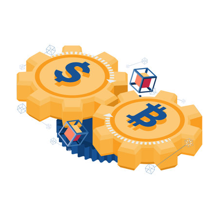 Flat 3d Isometric Bitcoin and Dollar Gear Mechanism Working Together. Bitcoin and Cryptocurrency Concept.のイラスト素材