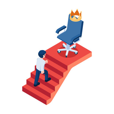 Flat 3d Isometric Businessman Walking Up to King Office Chair. Business career growth and Job Promotion concept.のイラスト素材