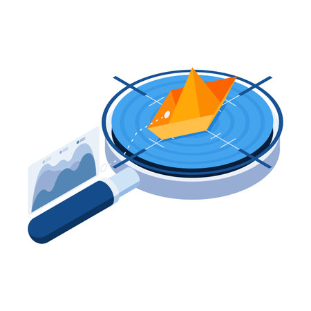 Flat 3d Isometric Magnifying Glass Analyze Yellow Boat in Blue Ocean. Blue Ocean Strategy and Niche Market Analysis Concept.のイラスト素材