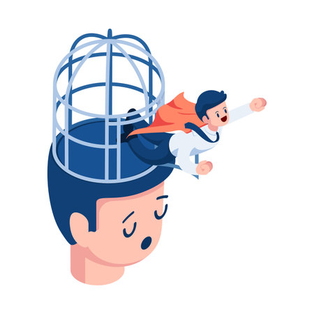 Flat 3d Isometric Businessman Breaking Cage on Head. Self Development and Growth Mindset Conceptのイラスト素材