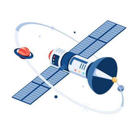 Flat 3d Isometric Space Satellite Orbiting with Planet on Space. Satellite Technology and Communication Concept.のイラスト素材