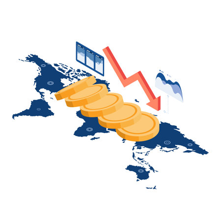 Flat 3d Isometric Coin Money Falling like Domino on World Map. Currency and Financial Crisis Concept.のイラスト素材