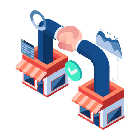 Flat 3d Isometric Business Deal Between Shopping Store. B2B or Business to Business Marketing Concept.のイラスト素材