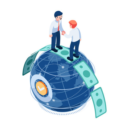 Flat 3d Isometric Businessman Shaking Hands on Money Over The World. Global and International Business Concept.のイラスト素材