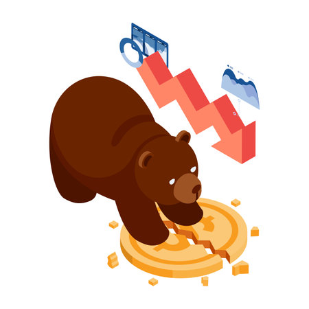 Flat 3d Isometric Bear Destroy Dollar Coin with Falling Graph. Bearish Stock Market and Financial Crisis Concept.のイラスト素材
