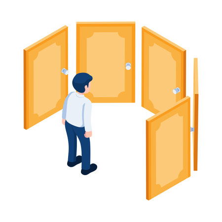 Flat 3d Isometric Businessman Standing with Doors of Opportunities. Business Decision and Career Path Choosing Concept.のイラスト素材