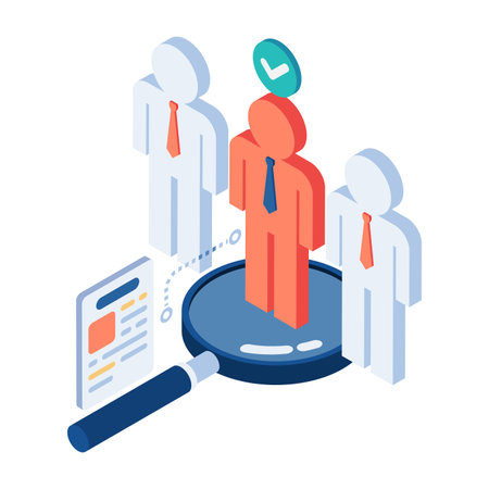 Flat 3d Isometric Magnifying Glass Choosing Businessman Icon. Job Recruitment and Hiring Concept.のイラスト素材