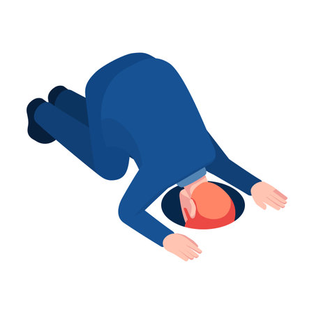 Flat 3d Isometric Businessman put Head Inside Hole on The Floor. Business Crisis and Stress Concept.のイラスト素材