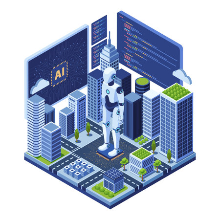 Isometric Smart City Powered by Ai Artificial Intelligence. Ai Artificial Intelligence and Robotics in Smart City Conceptのイラスト素材