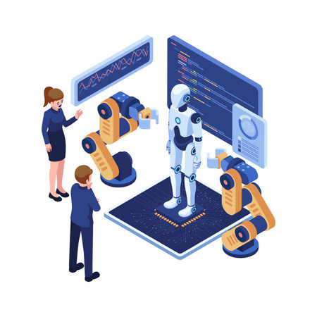 Isometric Business People Showcasing a Presentation on AI Robot Technology. Artificial Intelligence and Robotic Technology Conceptのイラスト素材
