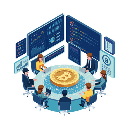Isometric Business Team Analyzing Cryptocurrency Trends Around Bitcoin with Data Analytics in Background. Bitcoin and Cryptocurrency Market Analysis Conceptのイラスト素材
