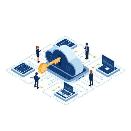 Isometric Cloud-Based Solution with Key The Ideal Metaphor for a Solution. Cloud-Based Solution and Cloud Computing Security Conceptのイラスト素材