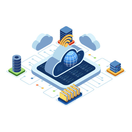 Isometric Cloud Computing with Global Network and Data Center Infrastructure. Cloud Computing and Cloud Based Solution Conceptのイラスト素材