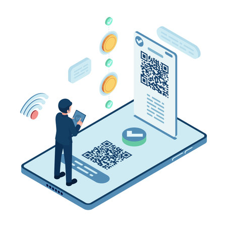 Isometric Businessman Making QR Code Payment with Smartphone. QR Code Payment and Cashless Conceptのイラスト素材