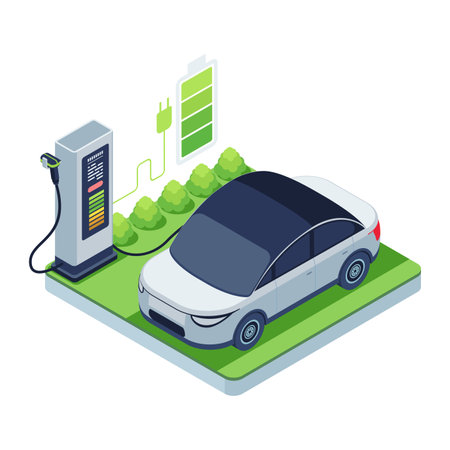 Isometric Electric Car Charging at a Station with a Battery Icon Indicating Charging Progress. Electric Vehicle Technology Conceptのイラスト素材