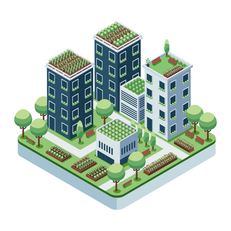 Isometric Urban Gardening with Rooftop and Balcony Garden. Urban Gardening and Sustainable City Conceptのイラスト素材