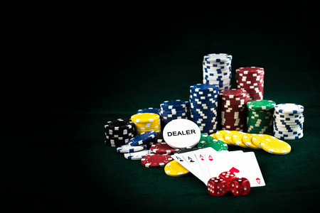 Gambling Red Dice Poker Cards and Money Chips