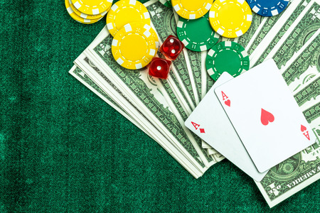 Gambling Red Dice Game Cards Dollars and Money Chips