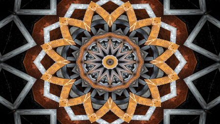 Abstract Metallic Industrial and Technology  Concept Symmetric Pattern Ornamental Decorative Kaleidoscope Movement Geometric Circle and Star Shapesの写真素材