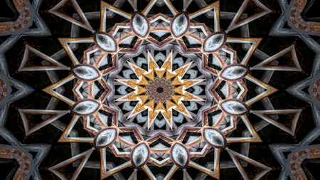 Abstract Metallic Industrial and Technology  Concept Symmetric Pattern Ornamental Decorative Kaleidoscope Movement Geometric Circle and Star Shapesの写真素材