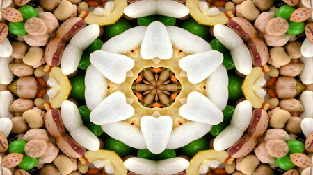 Abstract Vegetable Food Concept Symmetric Pattern Ornamental Decorative Kaleidoscope Movement Geometric Circle and Star Shapesの写真素材