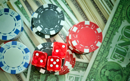 Red Dices Money Chips and Gambling Cards Photoの写真素材