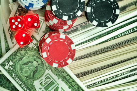 Red Dices Money Chips and Gambling Cards Photoの写真素材