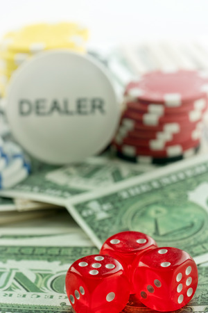 Red Dices Money Chips and Gambling Cards Photoの写真素材