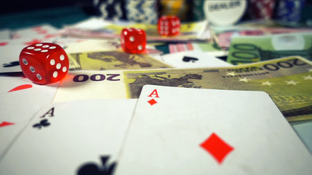 Game Gambling Money Poker Cards and Red Dicesの写真素材