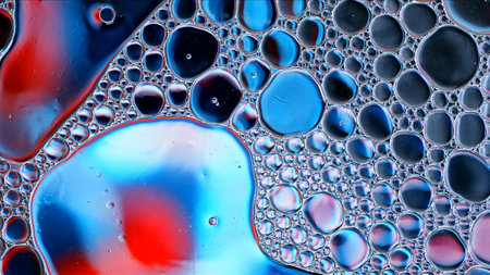 Abstract Colorful Food Oil Drops Bubbles and spheres Flowing on Water Surface, macro Photography