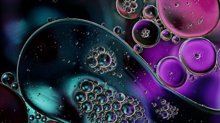 Abstract Colorful Food Oil Drops Bubbles and spheres Flowing on Water Surface, macro Photography