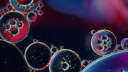 Abstract Colorful Food Oil Drops Bubbles and spheres Flowing on Water Surface, macro Photography