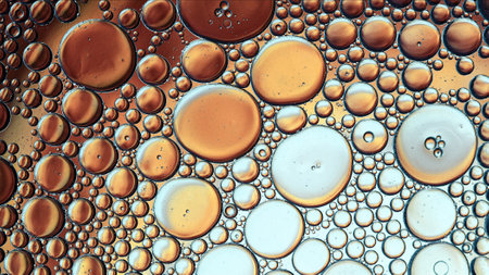 Abstract Colorful Food Oil Drops Bubbles and spheres Flowing on Water Surface, macro Photography