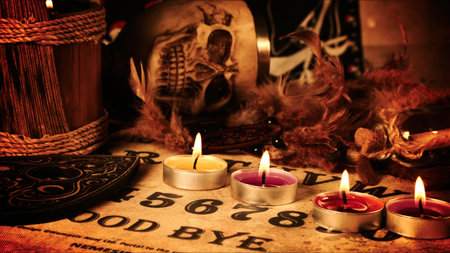 Creepy Scary Skull on a Witchcraft Ouija Board and Candles