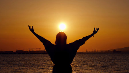 Young Woman Silhouette in Sunset Dreamy Light