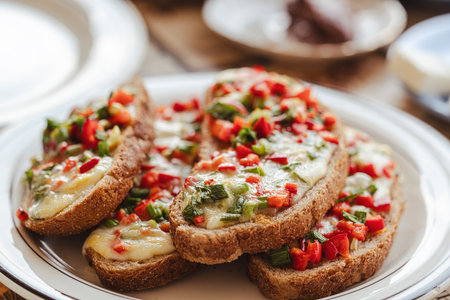 A Fried Bread Like Small Pizza with Pepper Tomato and Melted Cheese Onの写真素材
