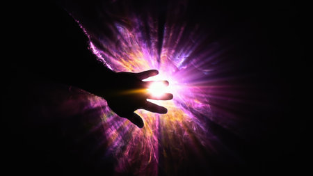 Hand is Reaching to Eternal Colorful Shiny Light Beam Raysの写真素材