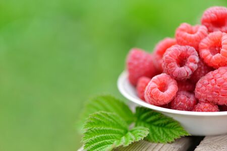 fresh raspberry on wooden table on natural blurred background