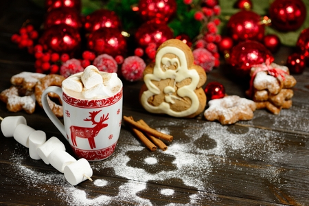 Hot chocolate or cocoa beverage with cinnamon and gingerbread cookies in snowon vintage wooden table...