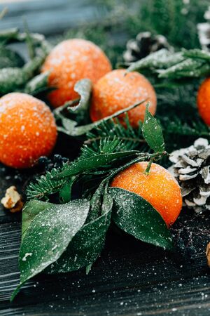 Christmas composition with snowy Tangerines, Pine cones, Walnuts on Wooden Background, holiday decoration. Dark light toned imageの写真素材