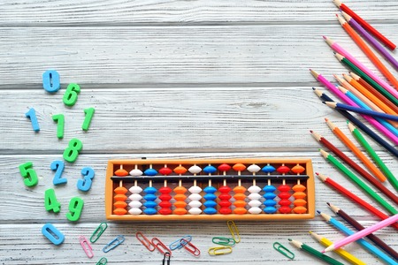 Back to School concept - office and student supplies work desk. Mental arithmetic. Space for text.の写真素材