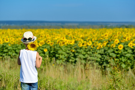 Adorable boy in hat holding sunflower behind his back on yellow field blue sky outdoorsの写真素材