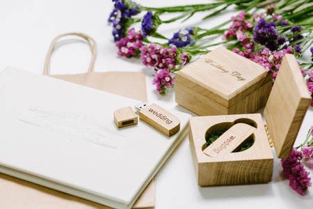 Original gift present. Beautiful white wedding photobook and Usb flash drive in Vintage Handmade...