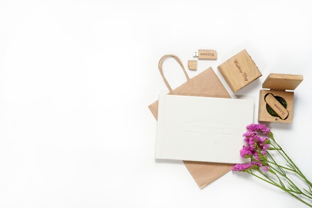 Beautiful white wedding photobook and Usb flash drive in Handmade wooden box. wedding concept