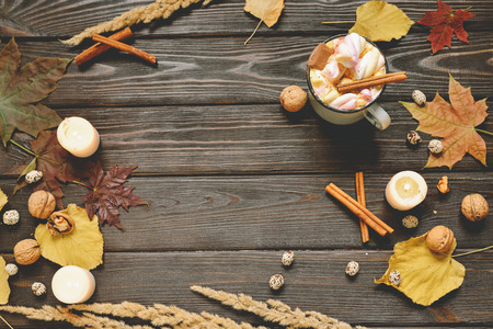 Autumn frame made of dried fall leaves, mug of cocoa with marshmellows, nuts, cinnamon, plaid,...