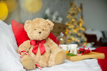 Two teddy bears siting on the bed with red candys near christmas tree.の写真素材