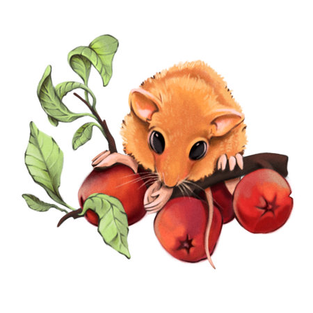 Cute little hamster with red berries. Watercolor illustration.の写真素材
