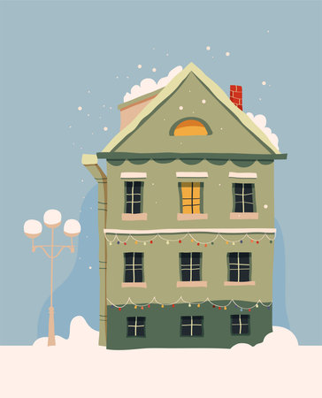 Vector illustration of a cartoon house on a snowy winter day. Flat design.のイラスト素材